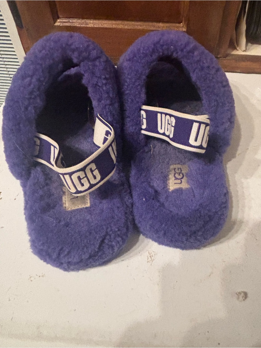 UGG Women Purple Shearling Slide Slippers with Branded Strap
